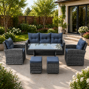 Set mobilier gradina 7 piese, canapea 3 locuri, 2 fotolii, 2 tabureti si masa cu blat sticla, ratan PE, 187x78x85 cm, gri