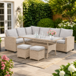 Set mobilier gradina Cesme 4 piese, canapea, masa si 2 tabureti, ratan PE, 179x65x73 cm, gri