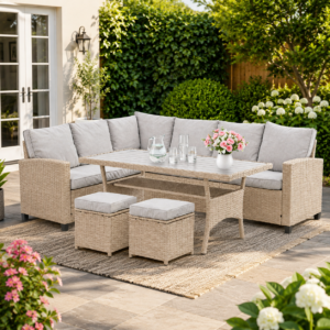 Set mobilier gradina Cesme 4 piese, canapea, masa si 2 tabureti, ratan PE, 179x65x73 cm, gri