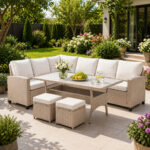 Set mobilier gradina Cesme 4 piese, canapea, masa si 2 tabureti, ratan PE, 179x65x73 cm, bej