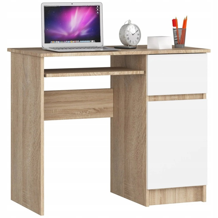 Birou computer PIKSEL, cu sertar, dulap si raft pentru tastatura, dreapta, 90x50x77 cm, stejar sonoma si alb - imagine 2