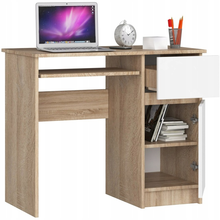 Birou computer PIKSEL, cu sertar, dulap si raft pentru tastatura, dreapta, 90x50x77 cm, stejar sonoma si alb - imagine 3