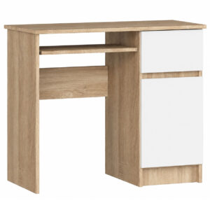 Birou computer PIKSEL, cu sertar, dulap si raft pentru tastatura, dreapta, 90x50x77 cm, stejar sonoma si alb