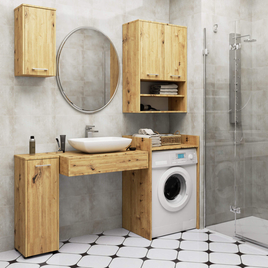 Dulap baie suspendat, cu 2 usi si 2 rafturi deschise, PAL 16 mm, 64x30x94 cm, stejar artisan - imagine 2