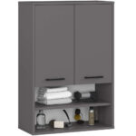 Dulap baie suspendat, cu 2 usi si 2 rafturi deschise, PAL 16 mm, 64x30x94 cm, gri