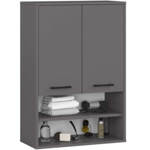 Dulap baie suspendat, cu 2 usi si 2 rafturi deschise, PAL 16 mm, 64x30x94 cm, gri