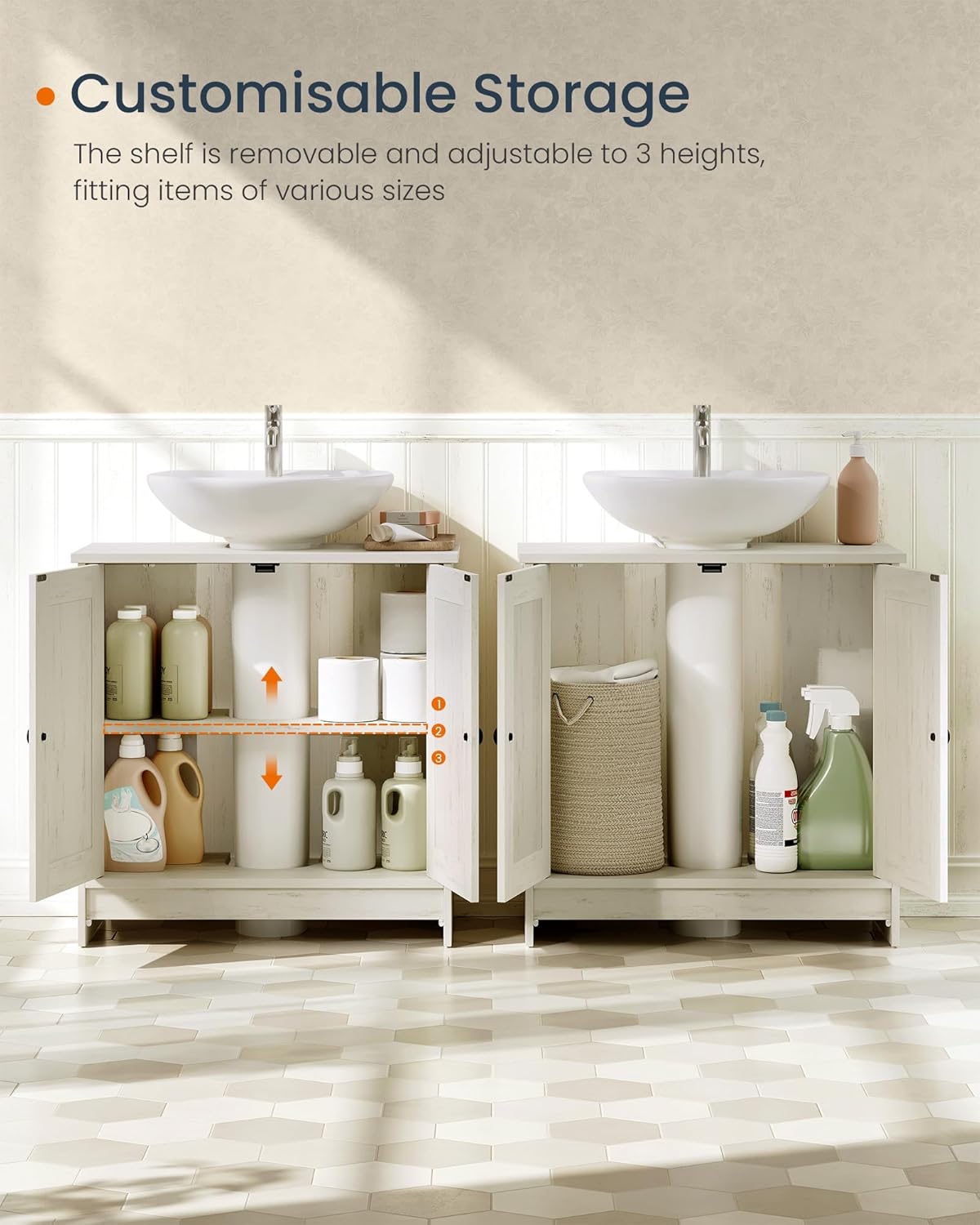 SONGMICS Masca baie pentru chiuveta, suport lavoar, raft reglabil, stil rustic modern, 60x30x61 cm, alb rustic - imagine 3