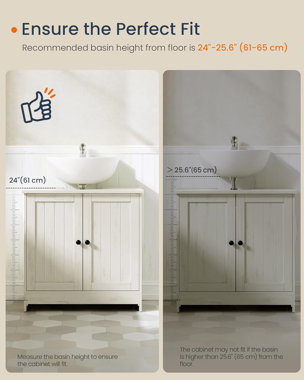 SONGMICS Masca baie pentru chiuveta, suport lavoar, raft reglabil, stil rustic modern, 60x30x61 cm, alb rustic - imagine 4