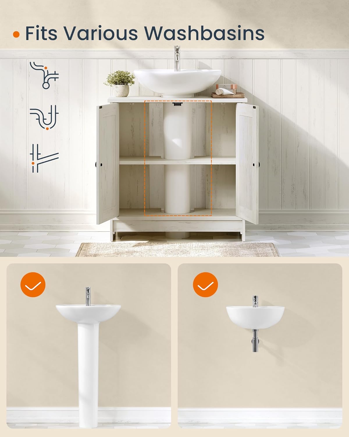 SONGMICS Masca baie pentru chiuveta, suport lavoar, raft reglabil, stil rustic modern, 60x30x61 cm, alb rustic - imagine 5