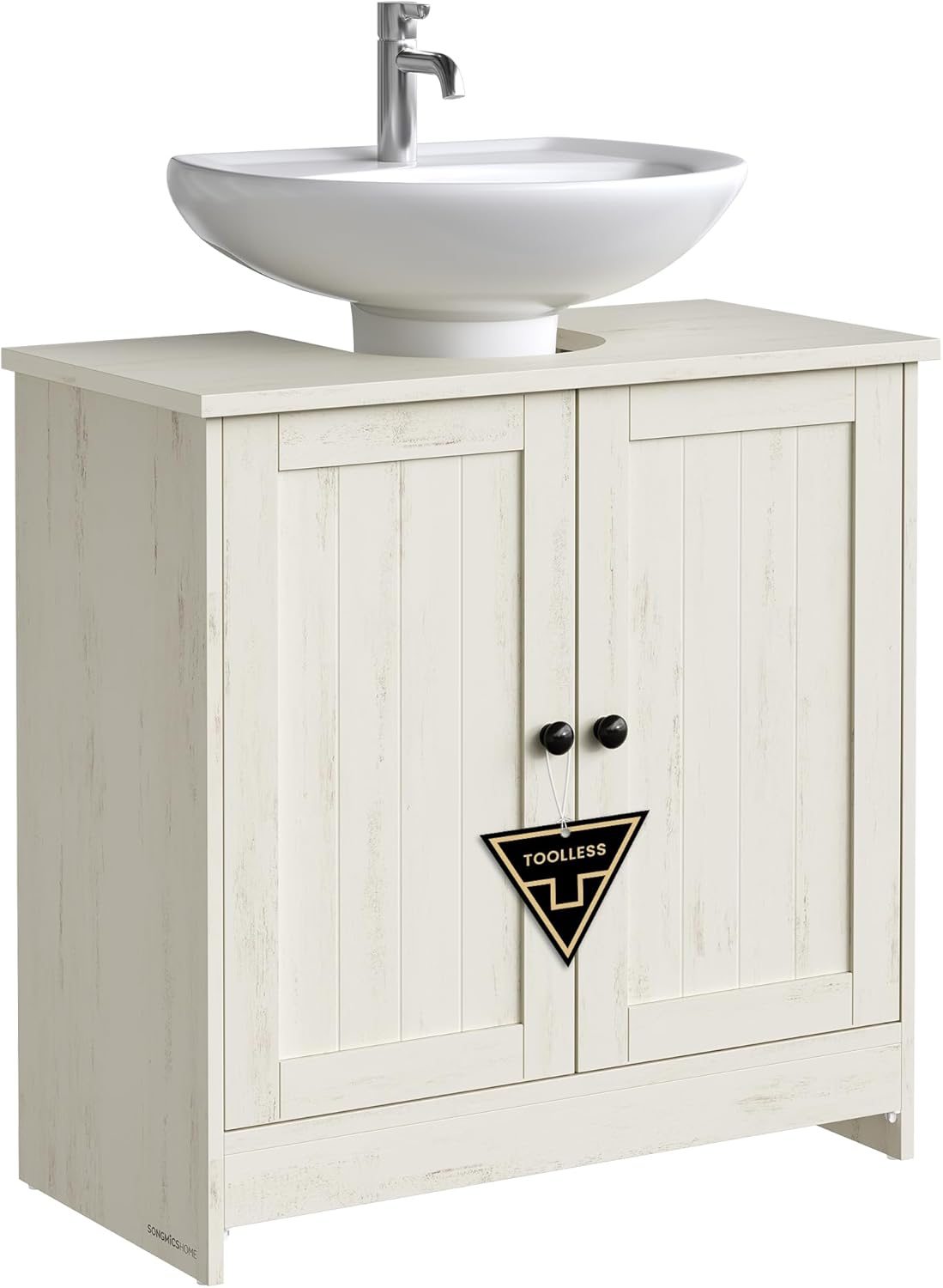 SONGMICS Masca baie pentru chiuveta, suport lavoar, raft reglabil, stil rustic modern, 60x30x61 cm, alb rustic - imagine 8