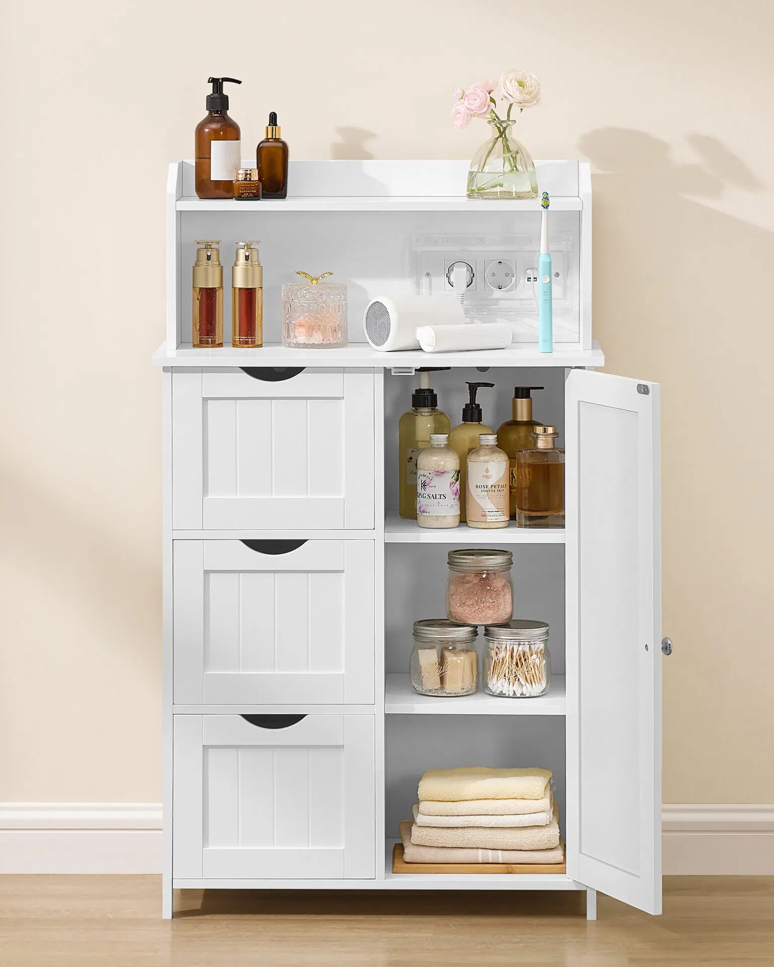 VASAGLE Dulap de baie cu sertare si usa, priza integrata cu USB, rafturi reglabile, MDF, 30x60x100 cm, alb - imagine 5