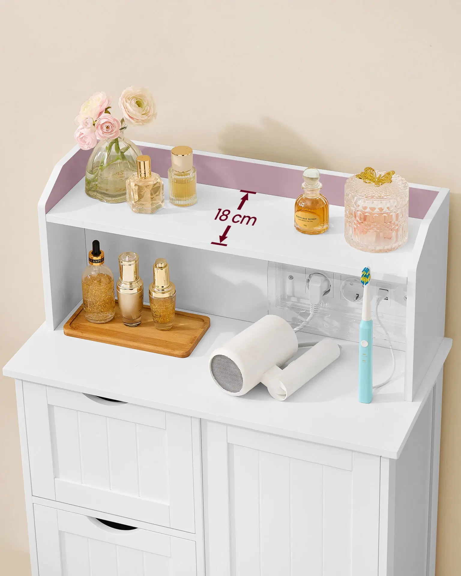 VASAGLE Dulap de baie cu sertare si usa, priza integrata cu USB, rafturi reglabile, MDF, 30x60x100 cm, alb - imagine 7