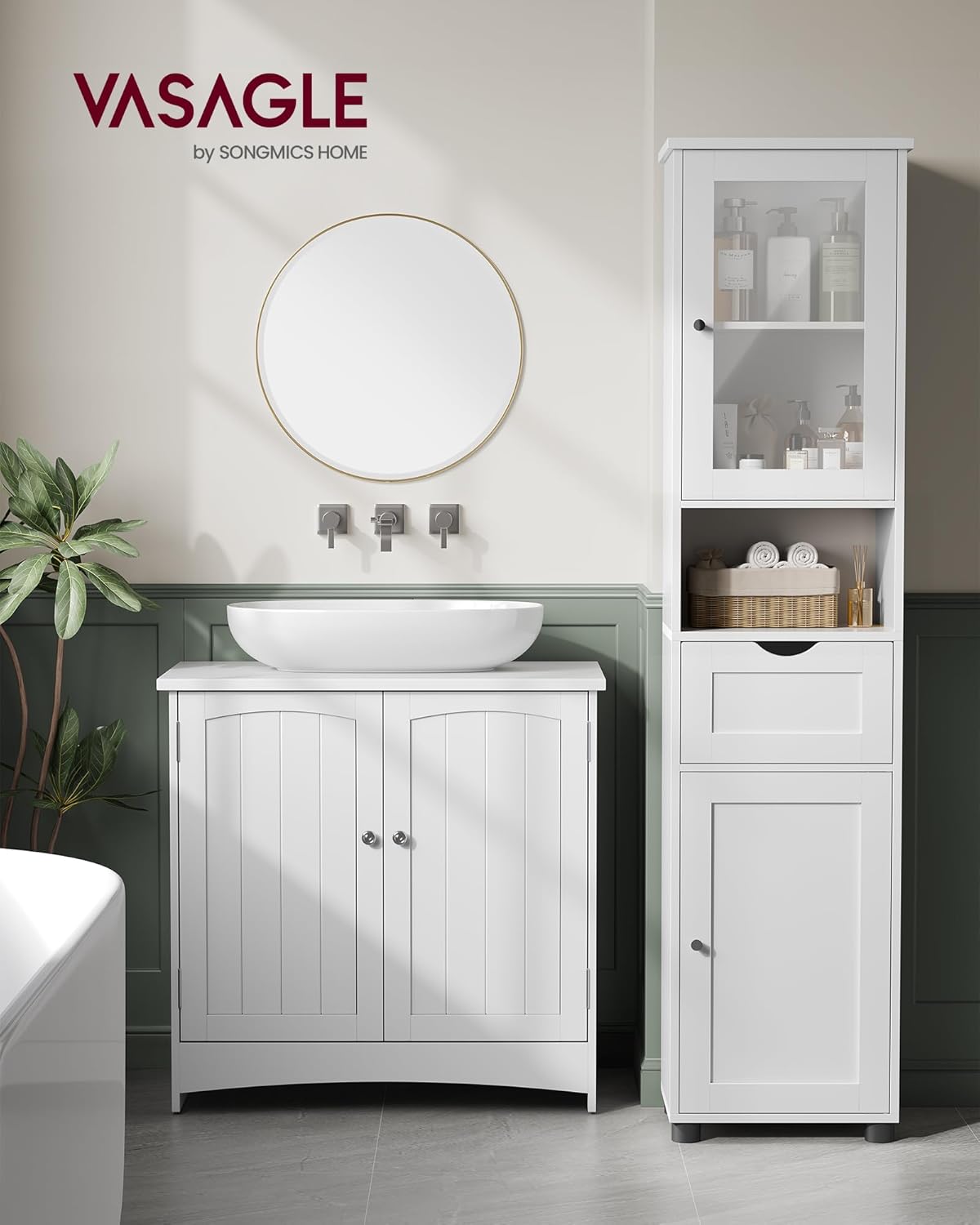 VASAGLE Dulap de baie tip coloana, cu raft deschis, sertar si usa din sticla, rafturi reglabile, 30x40x165 cm, alb - imagine 5