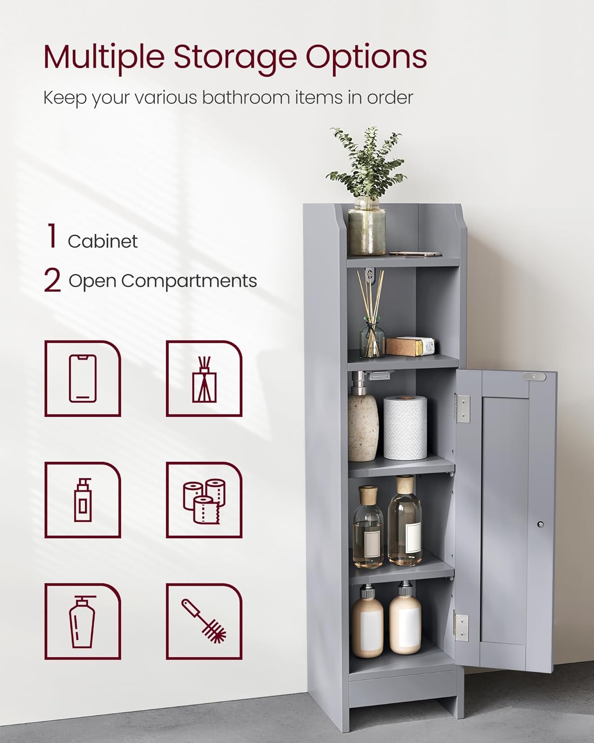 VASAGLE Dulap de baie, pentru spatii inguste, cu rafturi si usa, 18x20x80 cm, gri - imagine 4