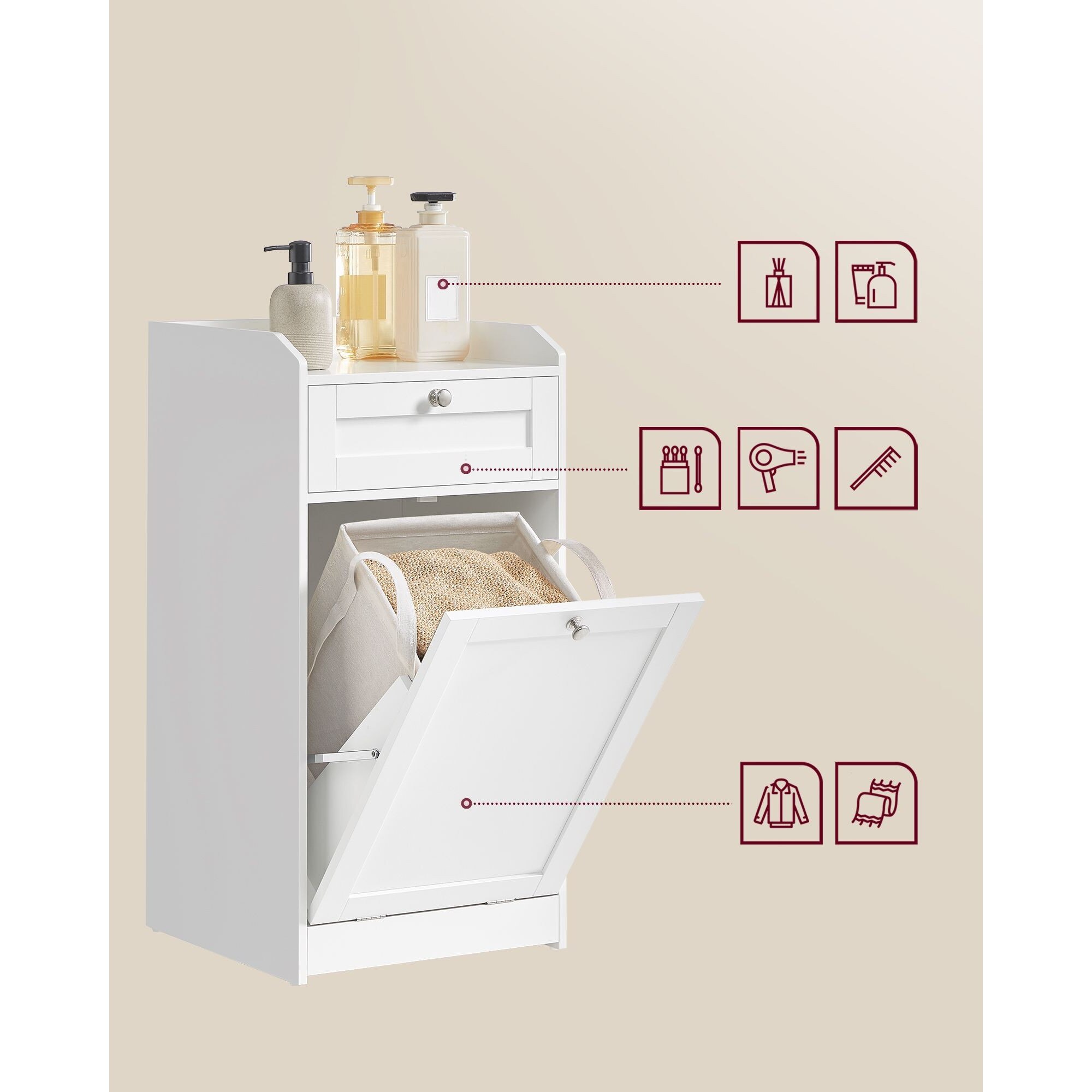 VASAGLE Dulap de baie cu cos de rufe integrat, sertar si blat cu margini ridicate, sac textil detasabil, 80x40x40 cm, alb - imagine 7