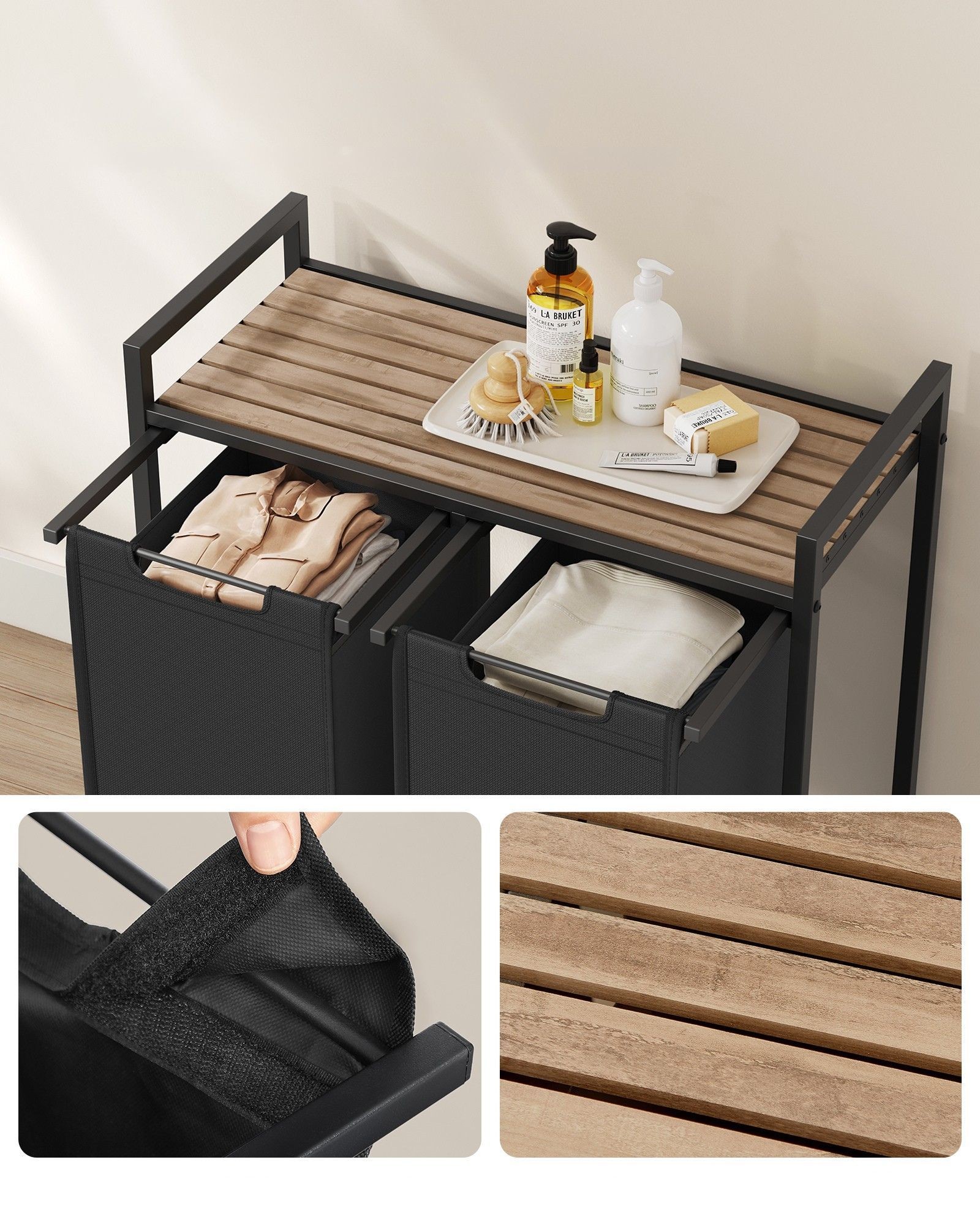 VASAGLE Cos de rufe, 2 compartimente, saci de rufe detasabili, raft, cadru metalic, 2x46L, 73x33x72 cm, maro si negru - imagine 5