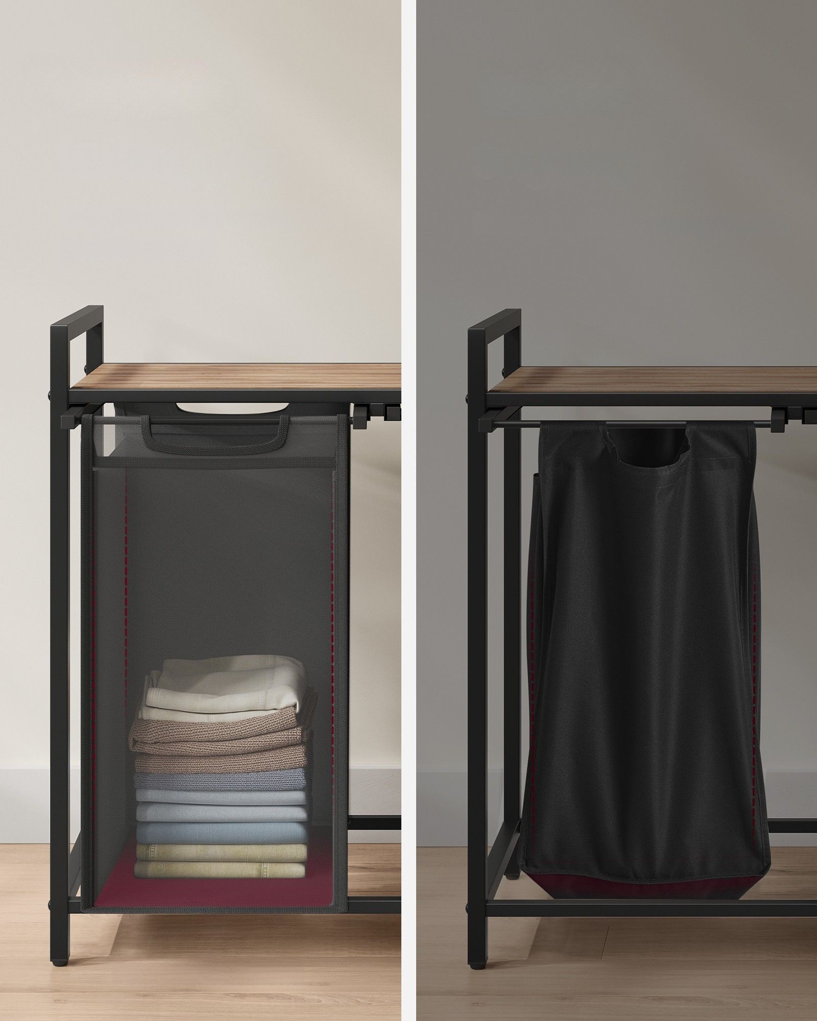 VASAGLE Cos de rufe, 2 compartimente, saci de rufe detasabili, raft, cadru metalic, 2x46L, 73x33x72 cm, maro si negru - imagine 6