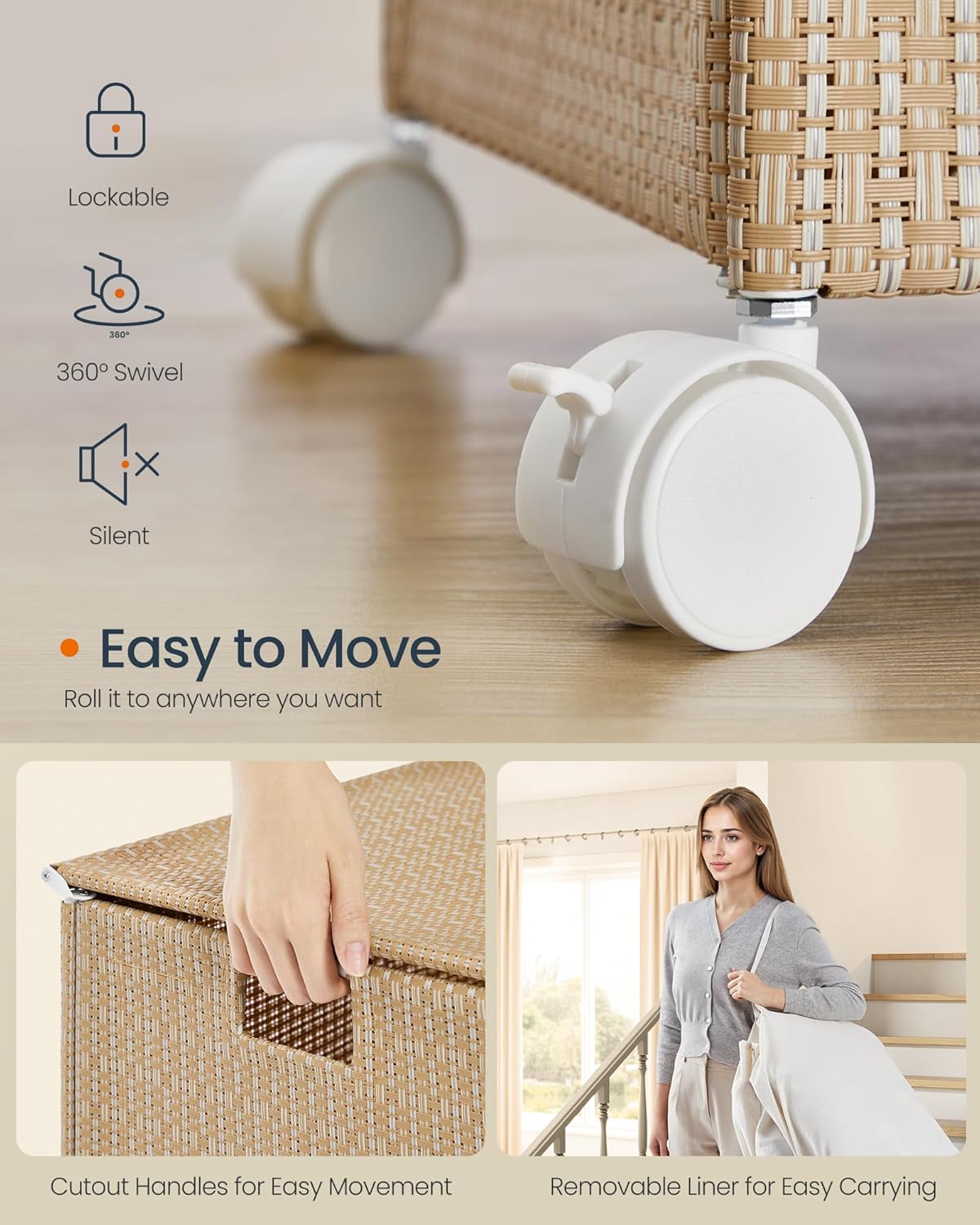 SONGMICS Cos rufe din tesatura tip ratan, 140L cu 3 compartimente si roti, 66x38x65 cm, bej natur - imagine 6