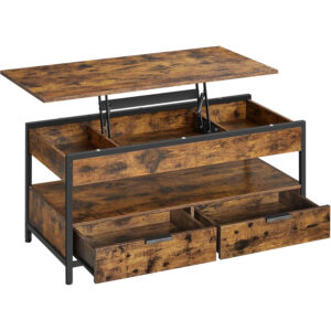 VASAGLE Masuta de cafea cu blat reglabil pe inaltime, cu sertare si spatii de depozitare, stil industrial, 100x50x63 cm, maro vintage