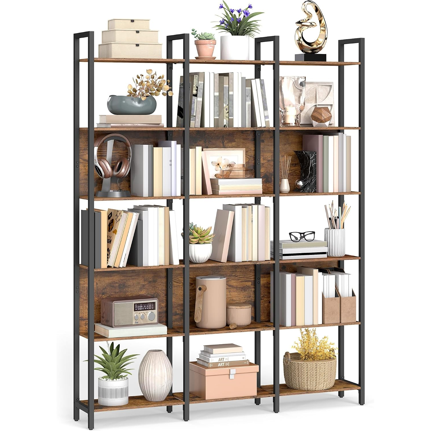 VASAGLE Biblioteca cu 6 rafturi, stil industrial, cadru metalic si PAL, 128x24x187 cm, maro rustic - imagine 3