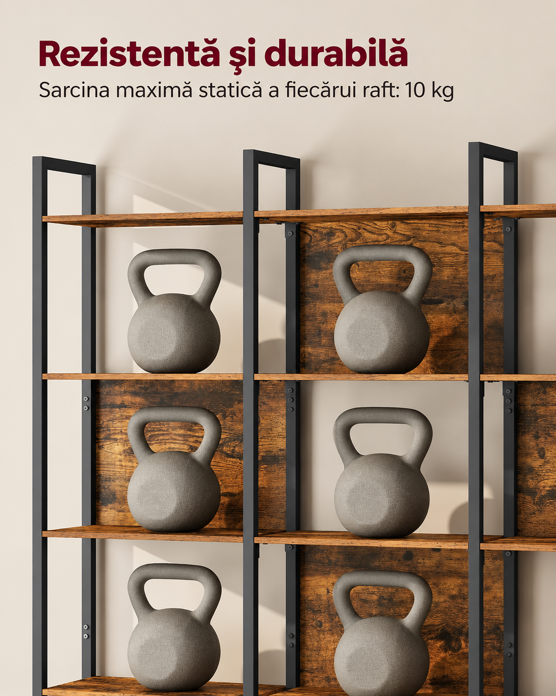 VASAGLE Biblioteca cu 6 rafturi, stil industrial, cadru metalic si PAL, 128x24x187 cm, maro rustic - imagine 4