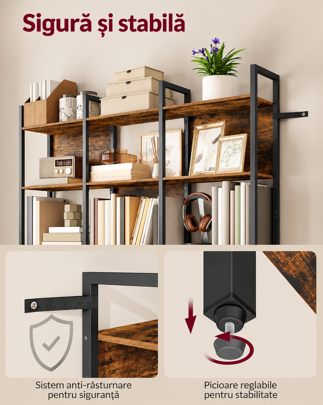 VASAGLE Biblioteca cu 6 rafturi, stil industrial, cadru metalic si PAL, 128x24x187 cm, maro rustic - imagine 5