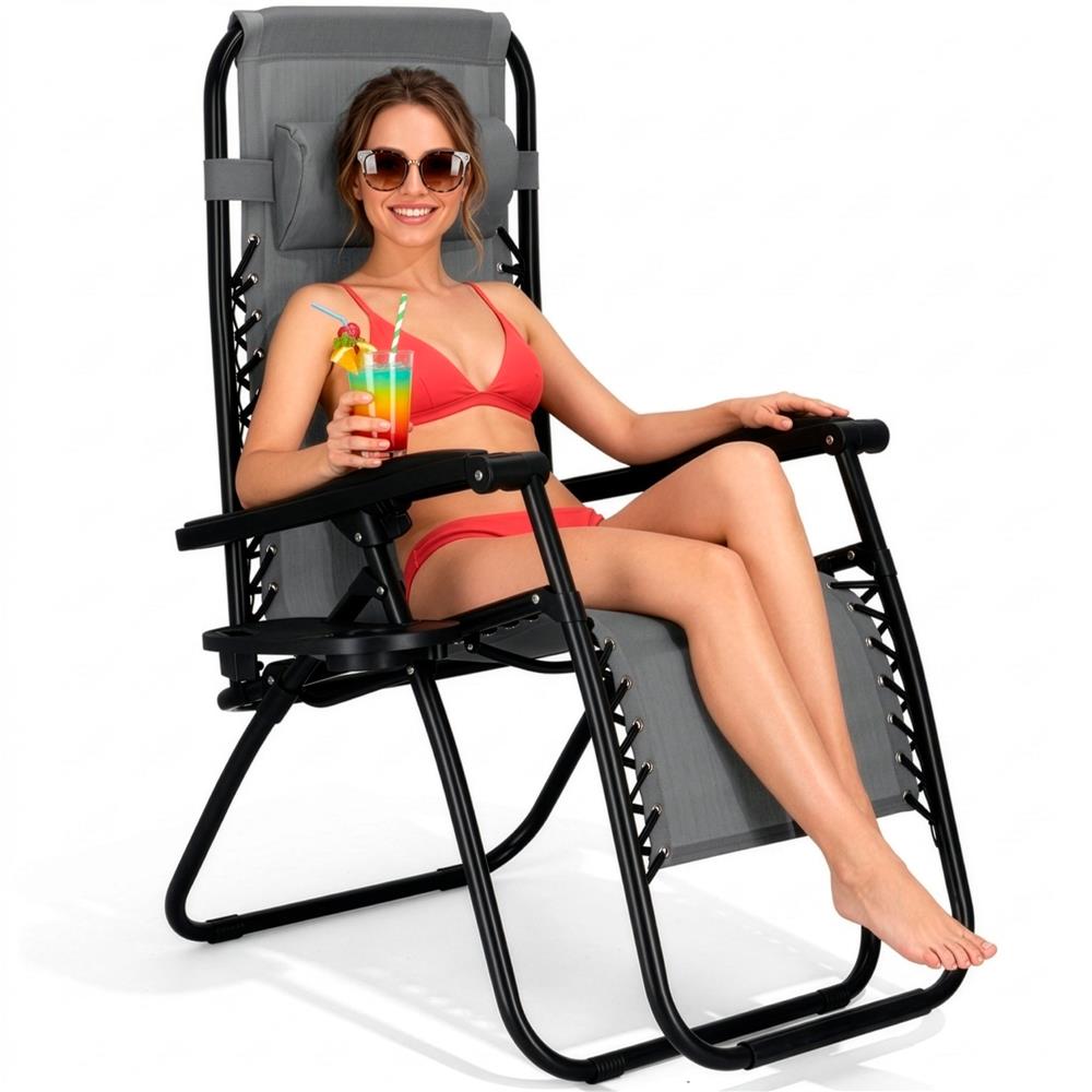 Sezlong scaun pliant plaja sau gradina, Siesta, gravitatie zero, cu tetiera, 175x67x110 cm, gri - imagine 22