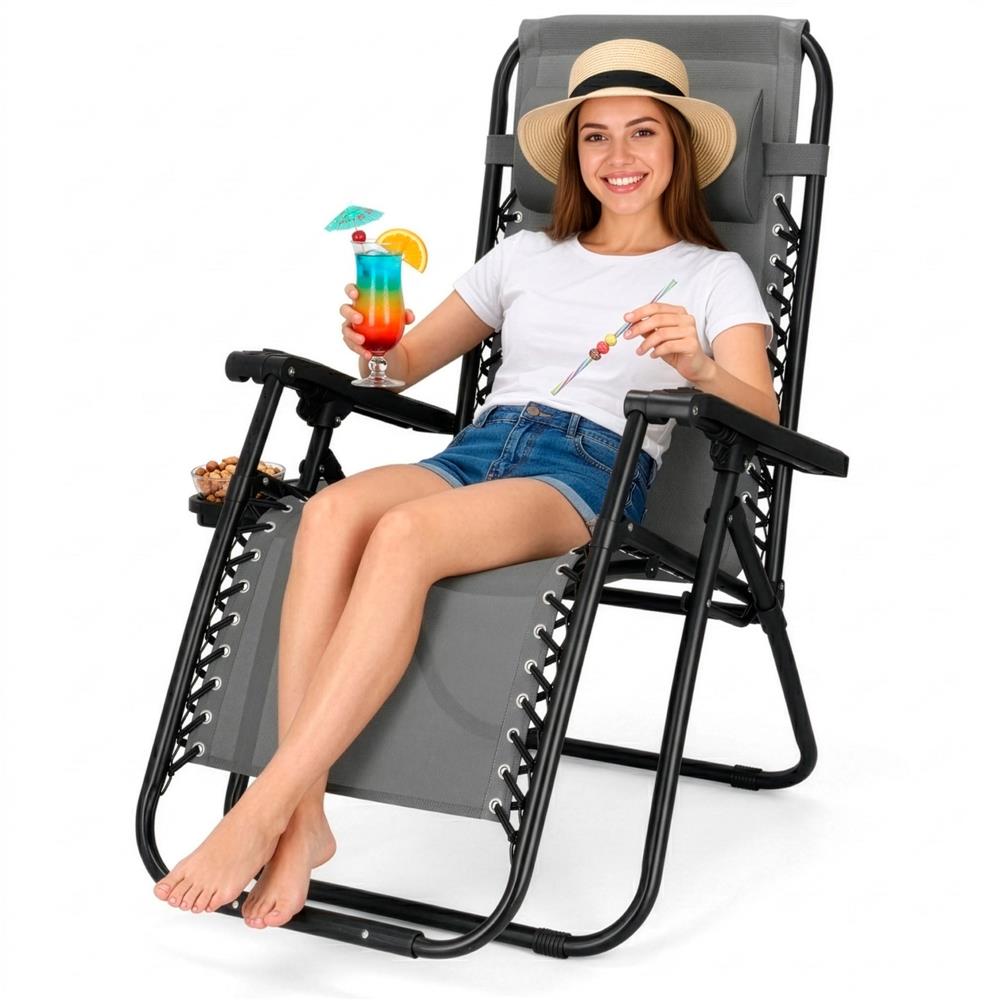 Sezlong scaun pliant plaja sau gradina, Siesta, gravitatie zero, cu tetiera, 175x67x110 cm, gri - imagine 21
