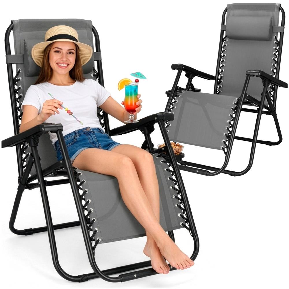 Sezlong scaun pliant plaja sau gradina, Siesta, gravitatie zero, cu tetiera, 175x67x110 cm, gri - imagine 20