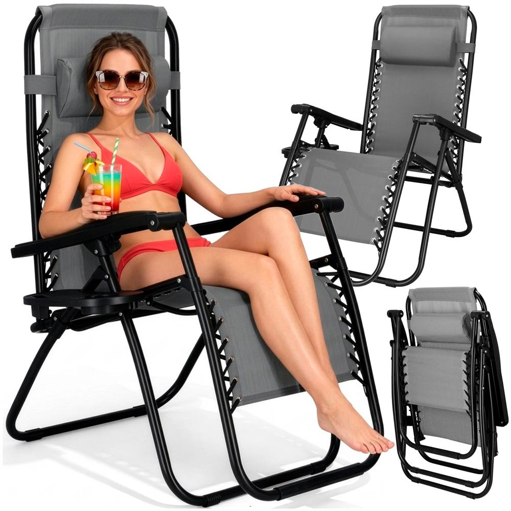 Sezlong scaun pliant plaja sau gradina, Siesta, gravitatie zero, cu tetiera, 175x67x110 cm, gri - imagine 19