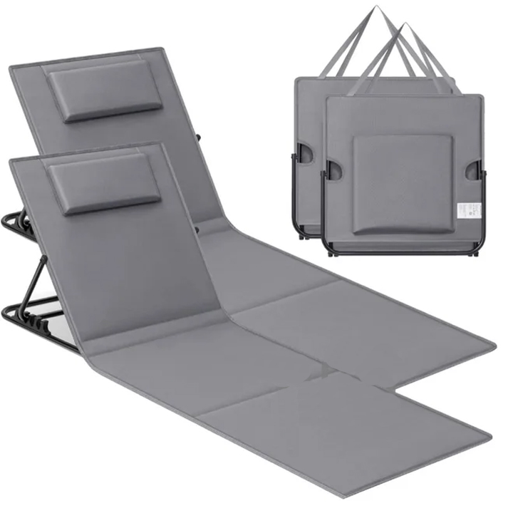 SONGMICS Set 2 sezlonguri plaja pliabile, spatar reglabil in 4 pozitii, tetiera, buzunar depozitare, 158x55 cm, gri