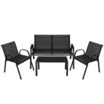 Set mobilier gradina 4 piese, masa cu sticla securizata, 2 scaune si canapea, cadru metalic, negru
