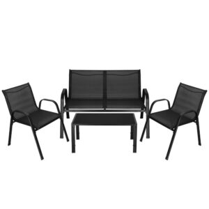 Set mobilier gradina 4 piese, masa cu sticla securizata, 2 scaune si canapea, cadru metalic, negru
