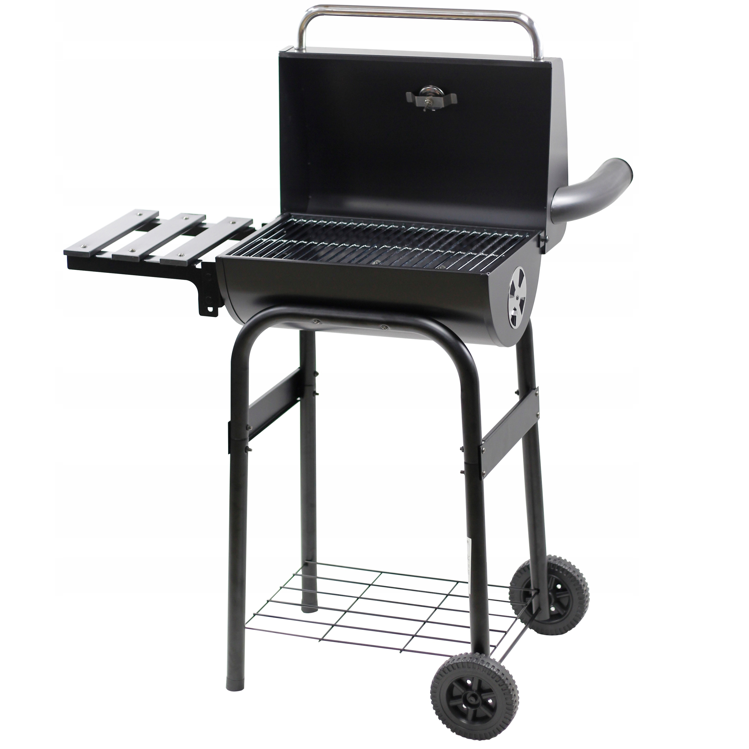 Gratar carbuni cu capac, raft lateral, sistem ventilatie, termometru si cos de fum, 83x41x116 cm, negru