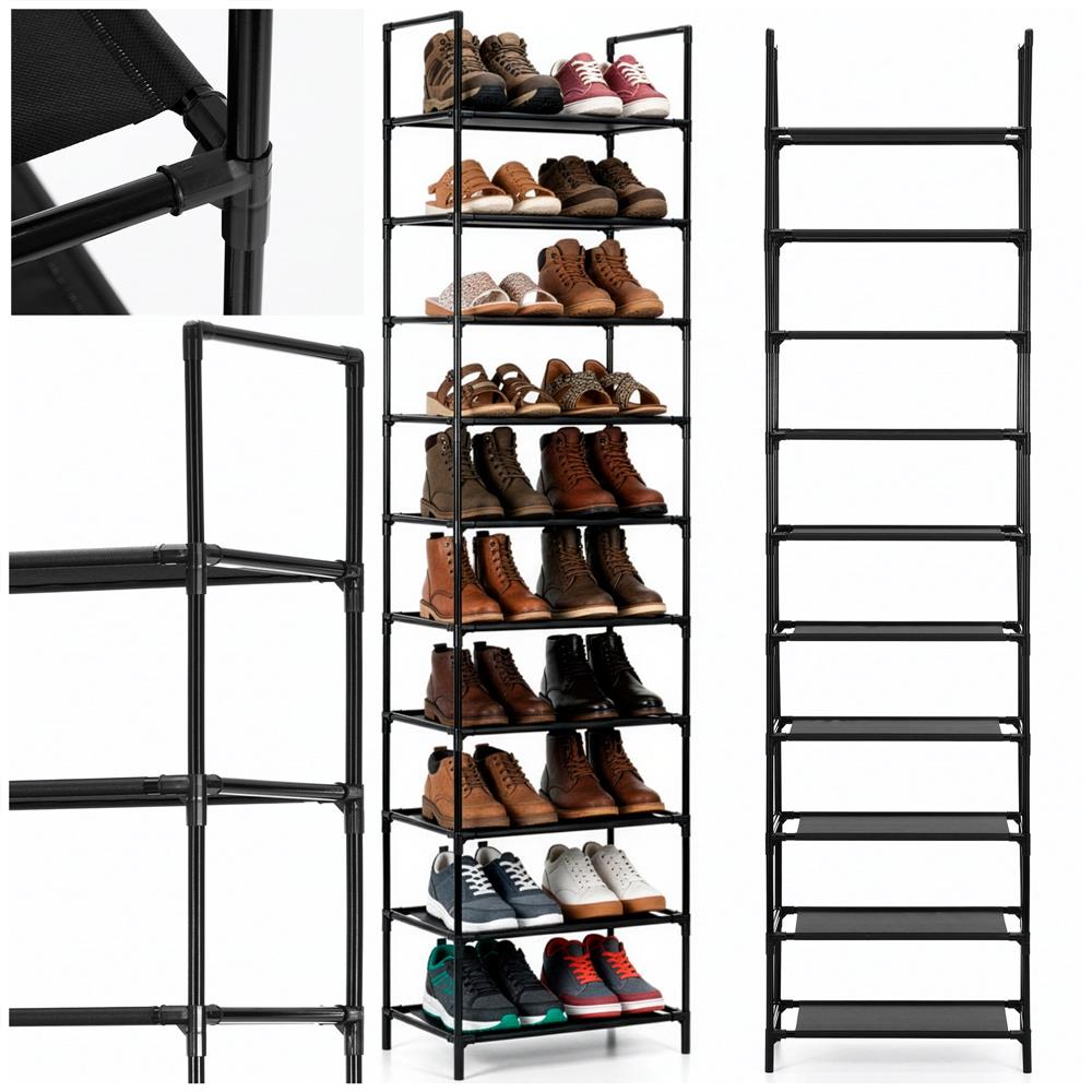 Raft pantofi inalt cu 10 polite, structura metalica si rafturi textile, 45x28x178 cm, negru - imagine 2