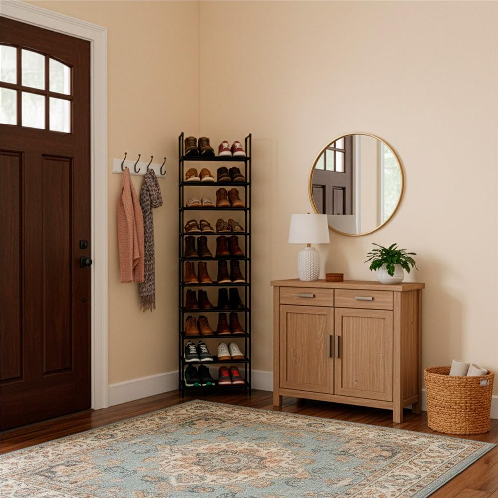 Raft pantofi inalt cu 10 polite, structura metalica si rafturi textile, 45x28x178 cm, negru - imagine 13