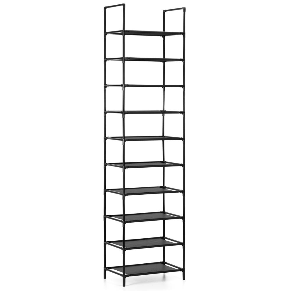 Raft pantofi inalt cu 10 polite, structura metalica si rafturi textile, 45x28x178 cm, negru