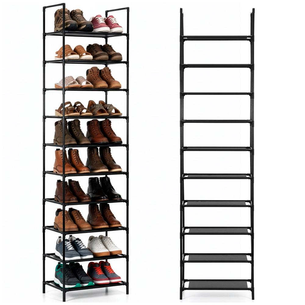 Raft pantofi inalt cu 10 polite, structura metalica si rafturi textile, 45x28x178 cm, negru - imagine 7