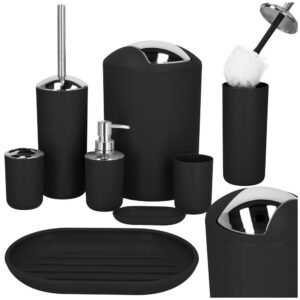 Set accesorii baie, 6 piese din plastic, cu perie WC si cos de gunoi, finisaj mat si lucios, negru argintiu