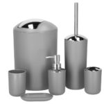 Set accesorii baie, 6 piese din plastic, cu perie WC si cos de gunoi, finisaj mat si lucios, gri argintiu