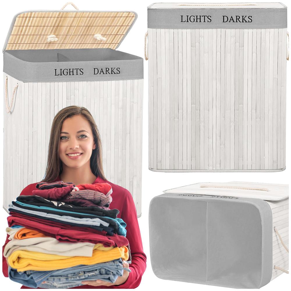 Cos pentru rufe din bambus, pliabil, cu 2 compartimente, volum 105 L, 63x52x33 cm, alb si gri - imagine 2
