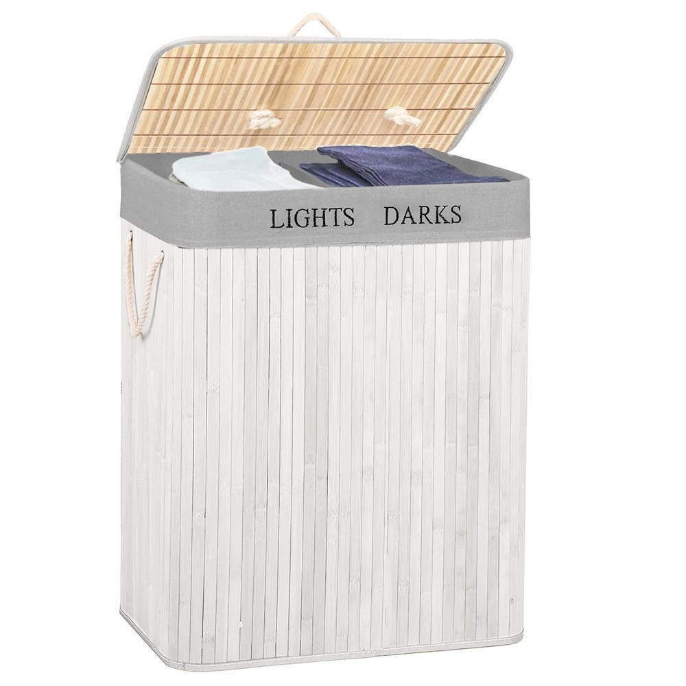 Cos pentru rufe din bambus, pliabil, cu 2 compartimente, volum 105 L, 63x52x33 cm, alb si gri - imagine 15