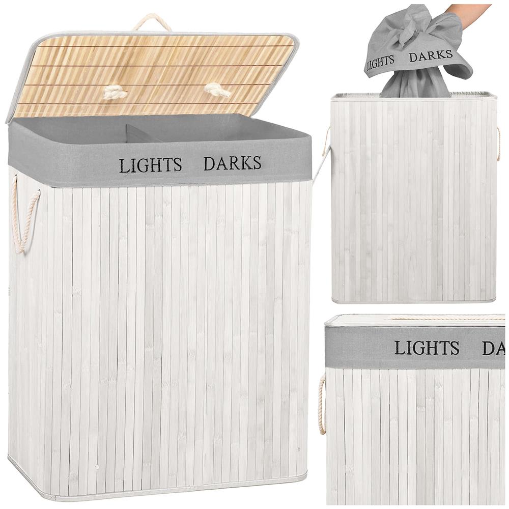 Cos pentru rufe din bambus, pliabil, cu 2 compartimente, volum 105 L, 63x52x33 cm, alb si gri - imagine 14