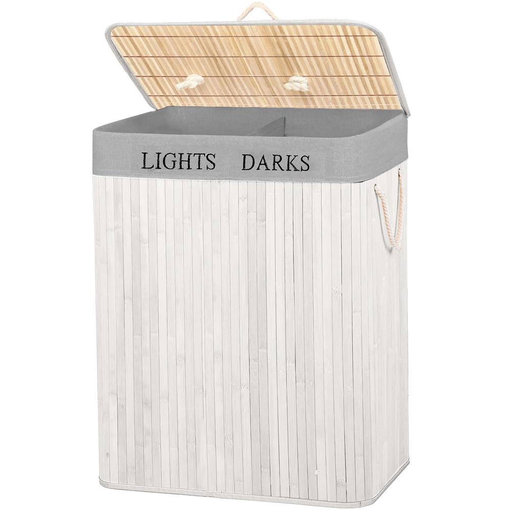 Cos pentru rufe din bambus, pliabil, cu 2 compartimente, volum 105 L, 63x52x33 cm, alb si gri - imagine 12