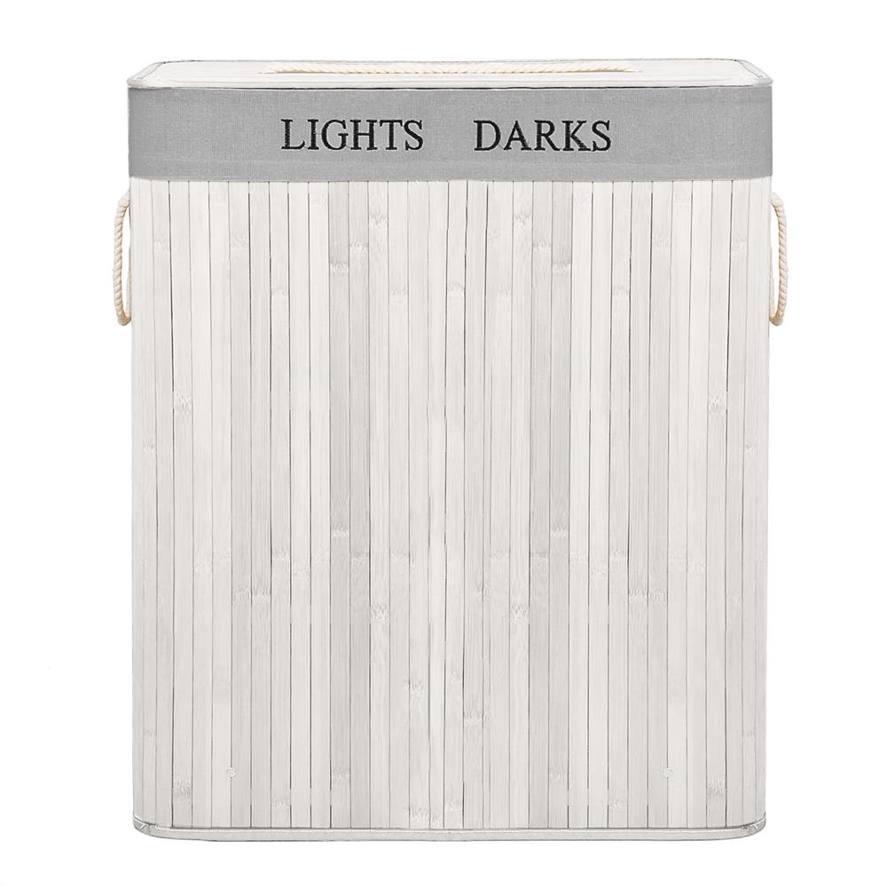 Cos pentru rufe din bambus, pliabil, cu 2 compartimente, volum 105 L, 63x52x33 cm, alb si gri - imagine 21