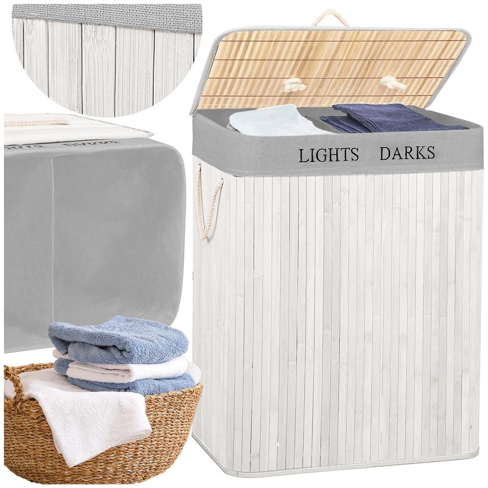 Cos pentru rufe din bambus, pliabil, cu 2 compartimente, volum 105 L, 63x52x33 cm, alb si gri - imagine 4