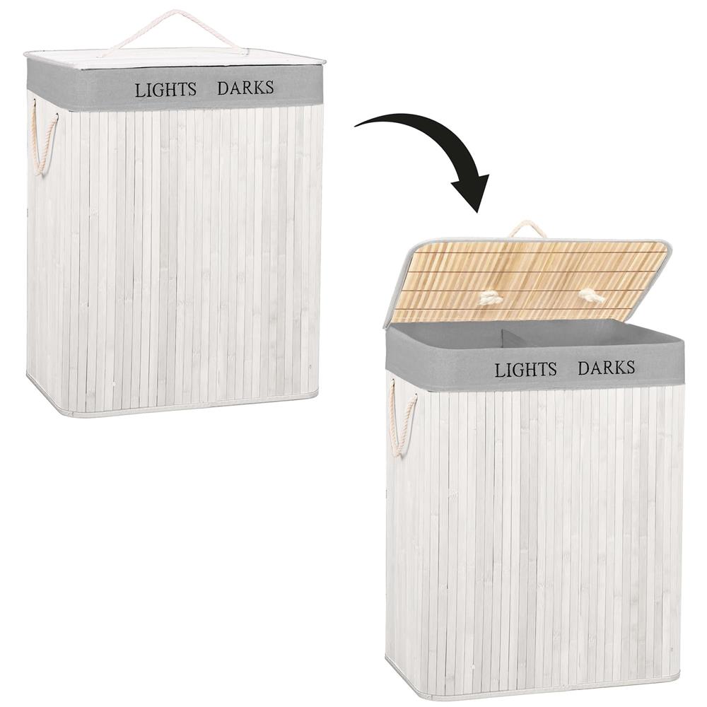 Cos pentru rufe din bambus, pliabil, cu 2 compartimente, volum 105 L, 63x52x33 cm, alb si gri - imagine 20