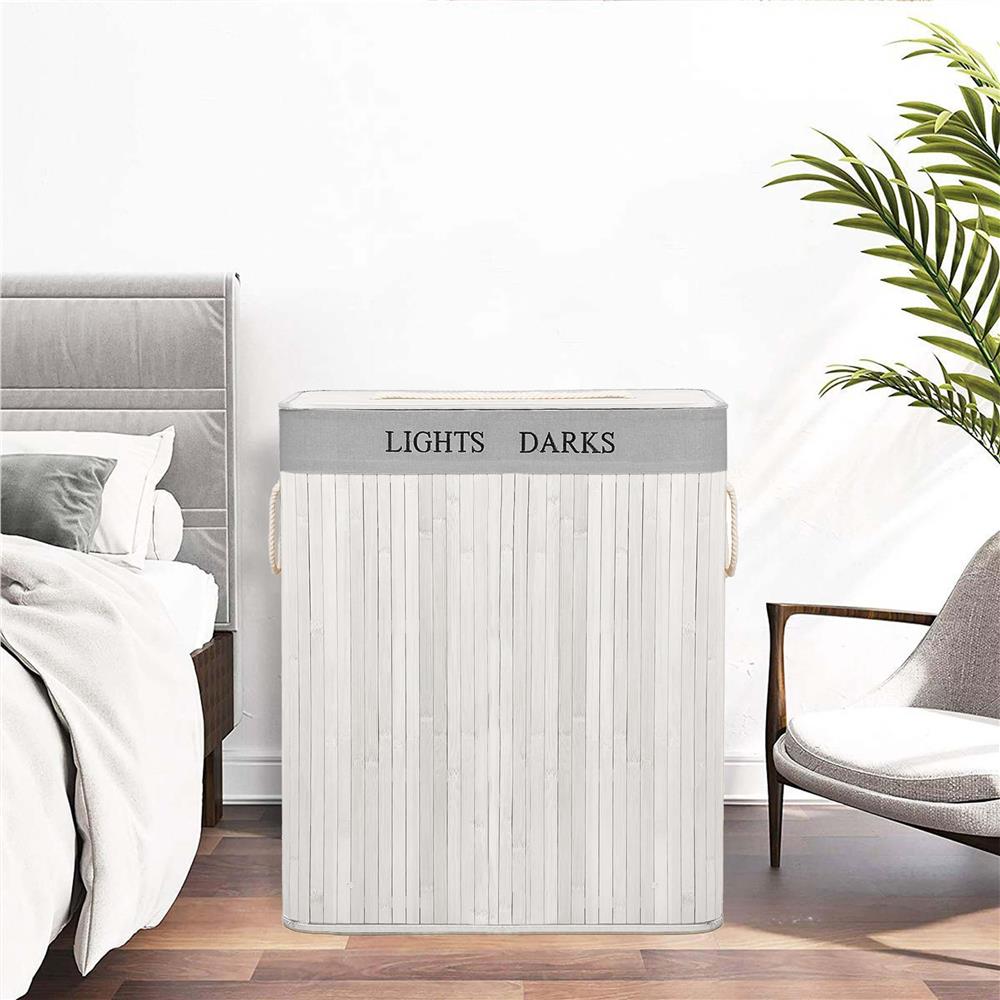 Cos pentru rufe din bambus, pliabil, cu 2 compartimente, volum 105 L, 63x52x33 cm, alb si gri - imagine 23