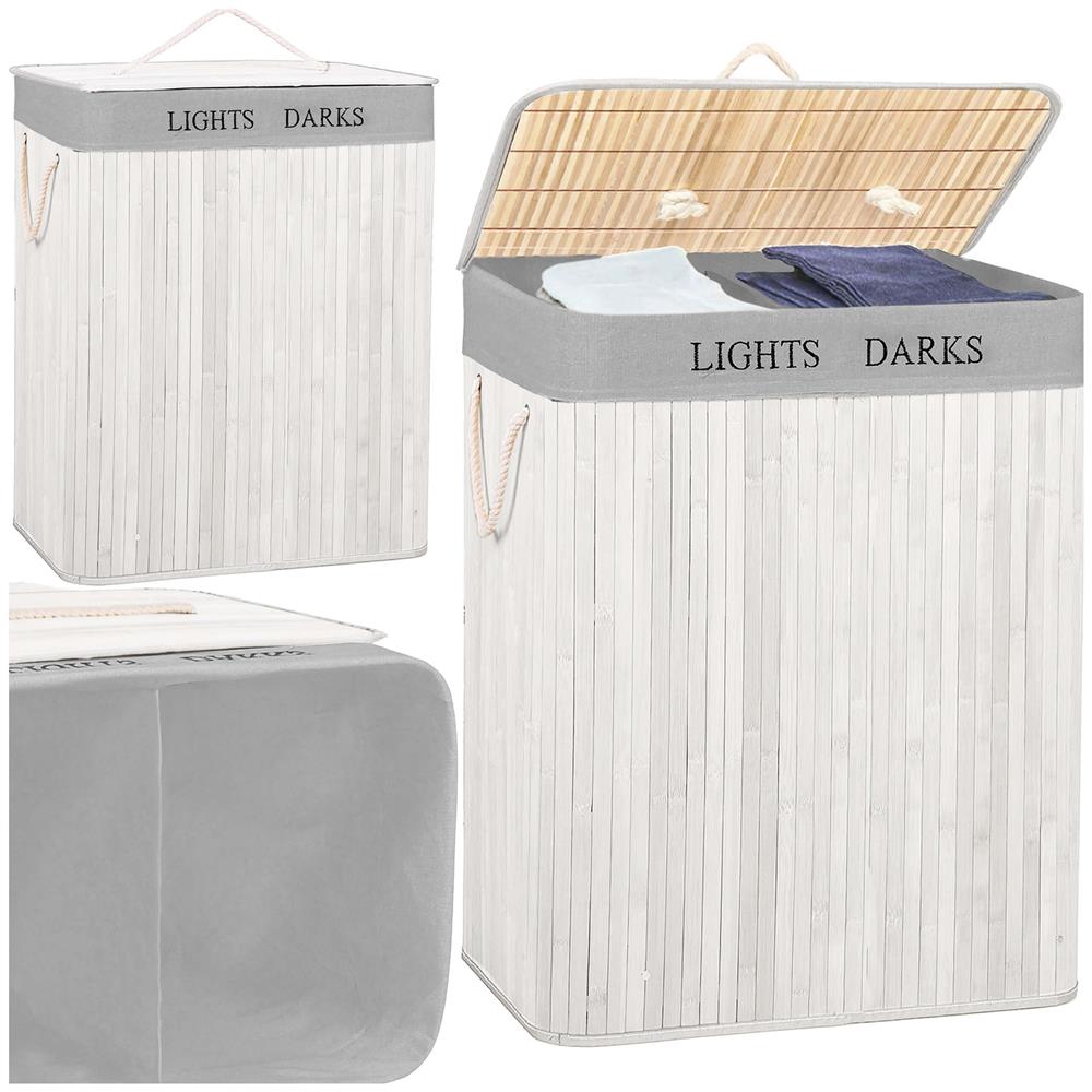 Cos pentru rufe din bambus, pliabil, cu 2 compartimente, volum 105 L, 63x52x33 cm, alb si gri - imagine 5