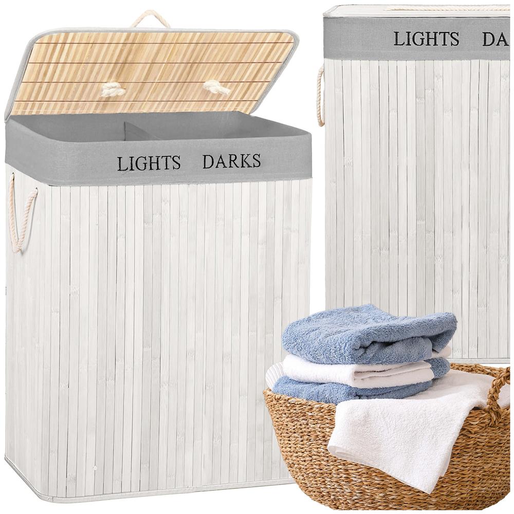 Cos pentru rufe din bambus, pliabil, cu 2 compartimente, volum 105 L, 63x52x33 cm, alb si gri - imagine 7